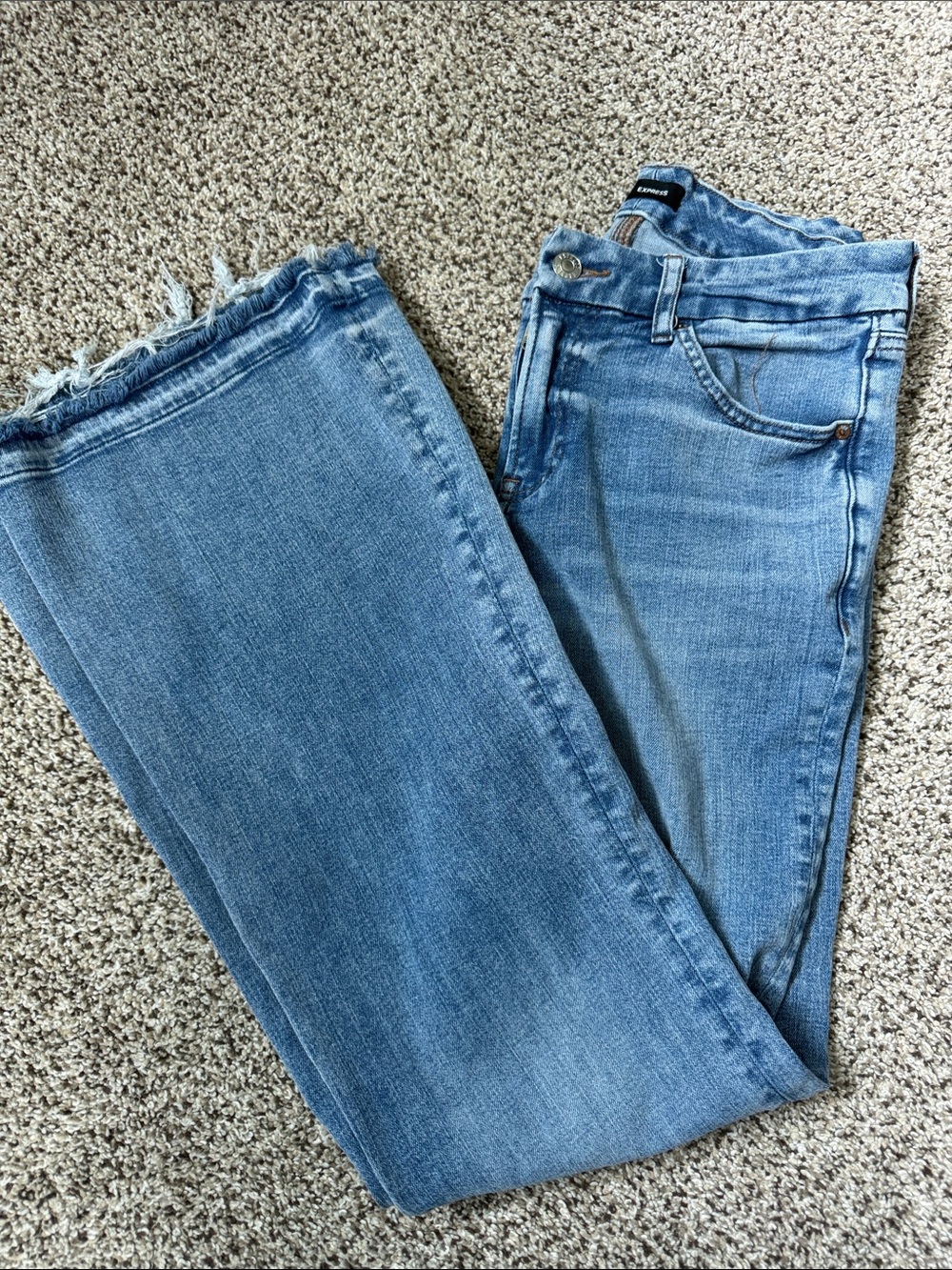 Express Women's Light Blue Wide Leg Jeans with Frayed Hem